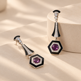 925 Silver Enamel Hexagon Long Statement Earrings