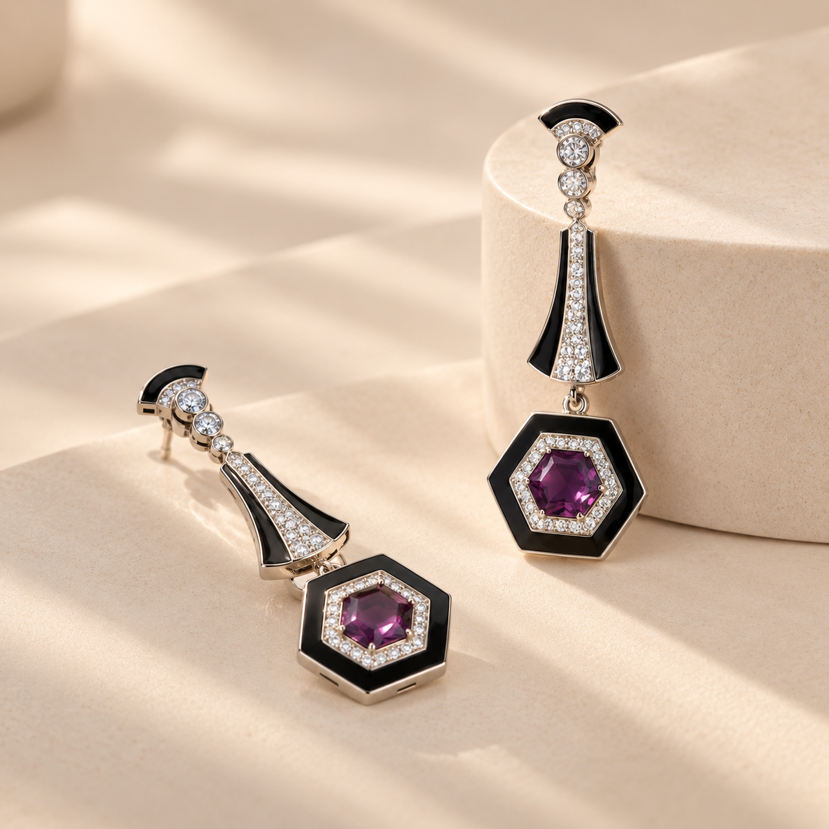 925 Silver Enamel Hexagon Long Statement Earrings