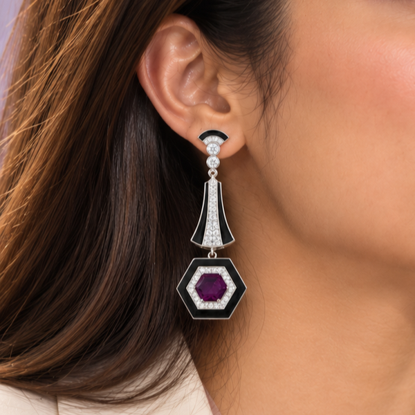 Black Enamel & Burgundy Gemstone Drop Earrings