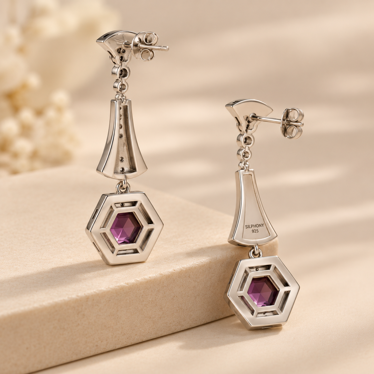 925 Silver Enamel Hexagon Long Statement Earrings