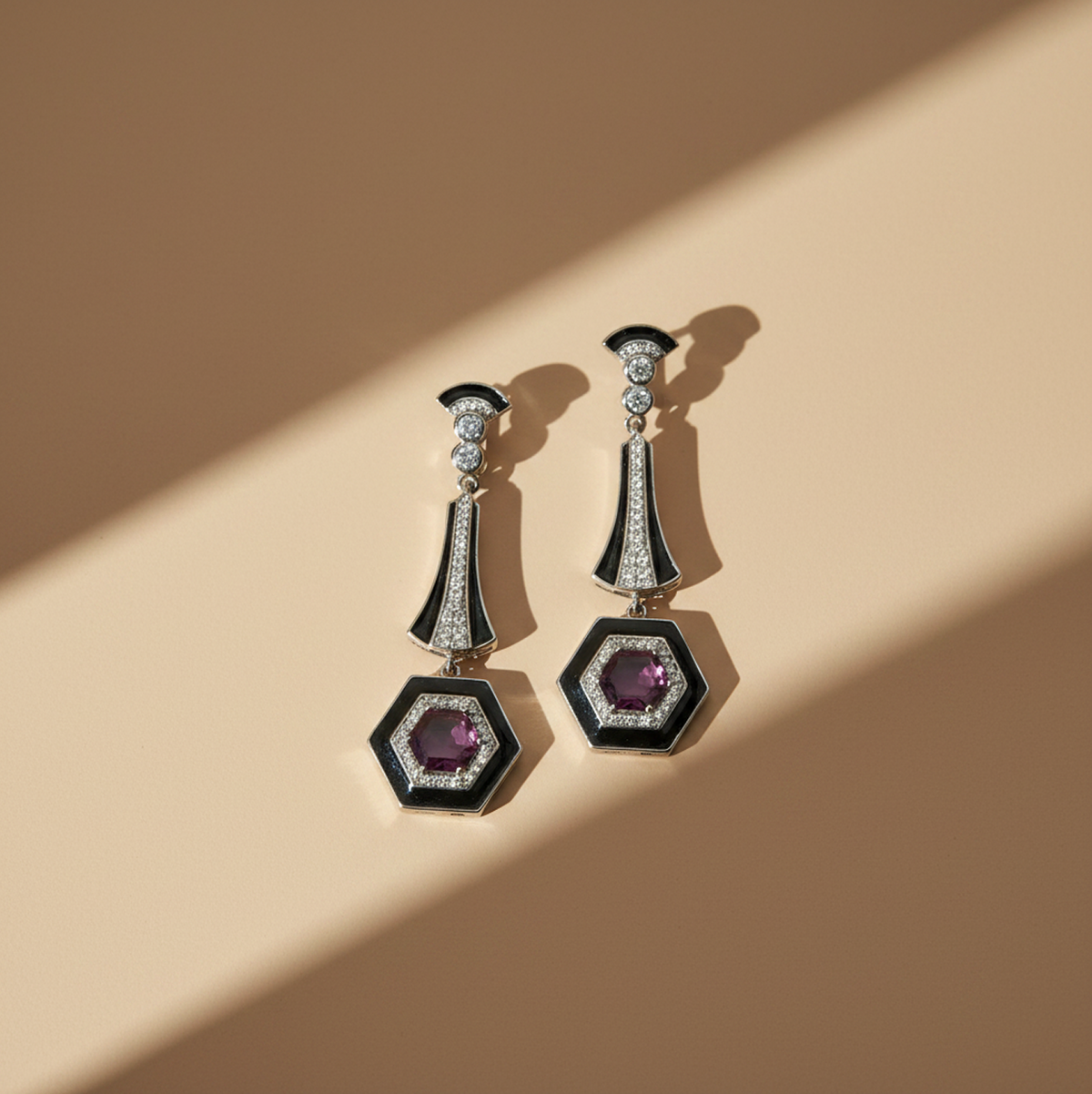Black Enamel & Burgundy Gemstone Drop Earrings