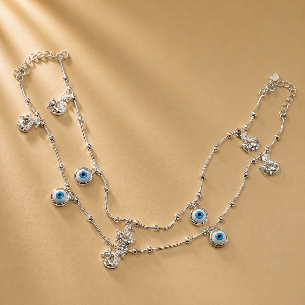 925 Sterling Silver Evil Eye & Animal Charm Anklet