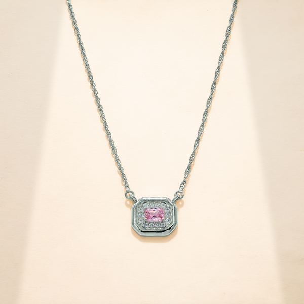 925 Sterling Silver Pink Quartz & Moissanite Pendant Rectangular Statement Chain Pendant