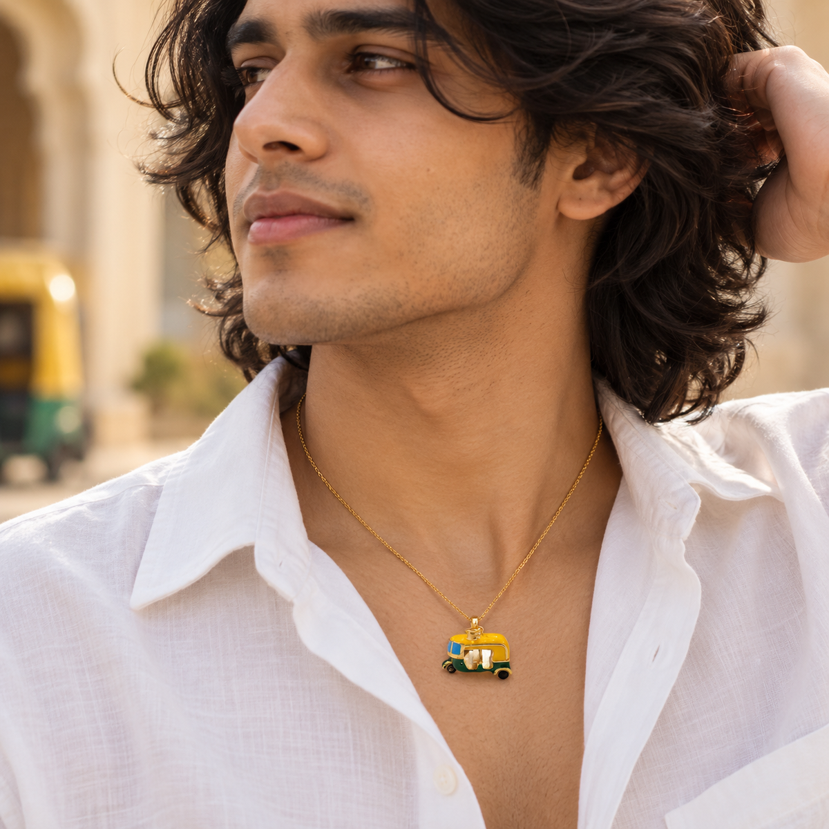 Cute Auto Rickshaw Silver Pendant Yellow Green Enamel Tuk Tuk Quirky Charm Art
