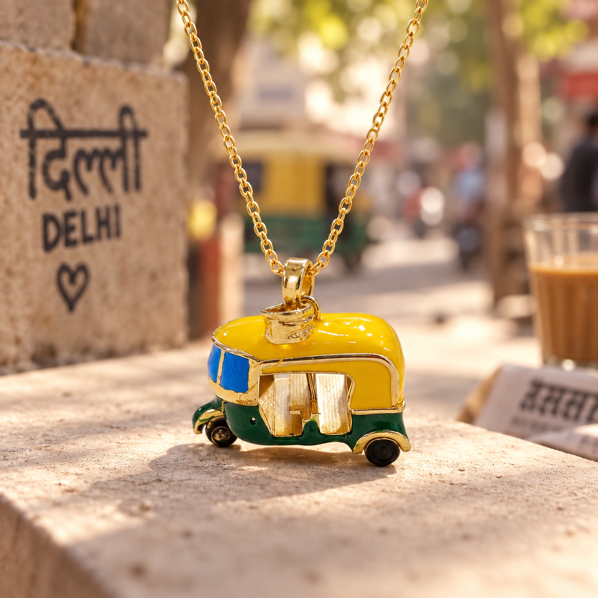Cute Auto Rickshaw Silver Pendant Yellow Green Enamel Tuk Tuk Quirky Charm Art