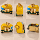 Cute Auto Rickshaw Silver Pendant Yellow Green Enamel Tuk Tuk Quirky Charm Art