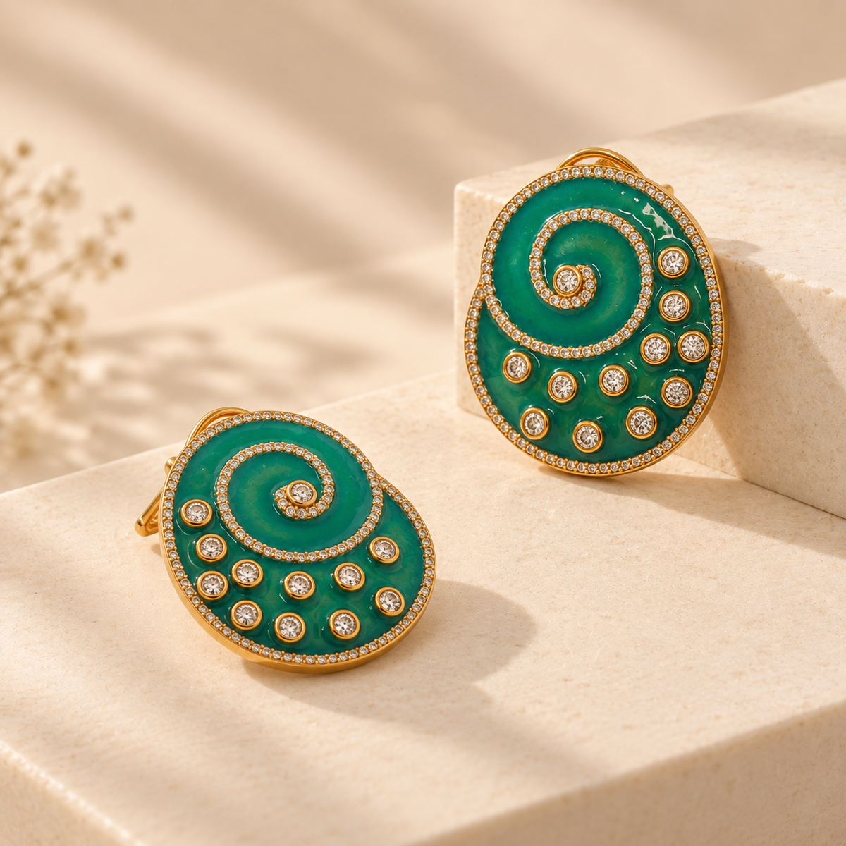 One-of-One 92.5 Silver Green Enamel Spiral Stud Earrings