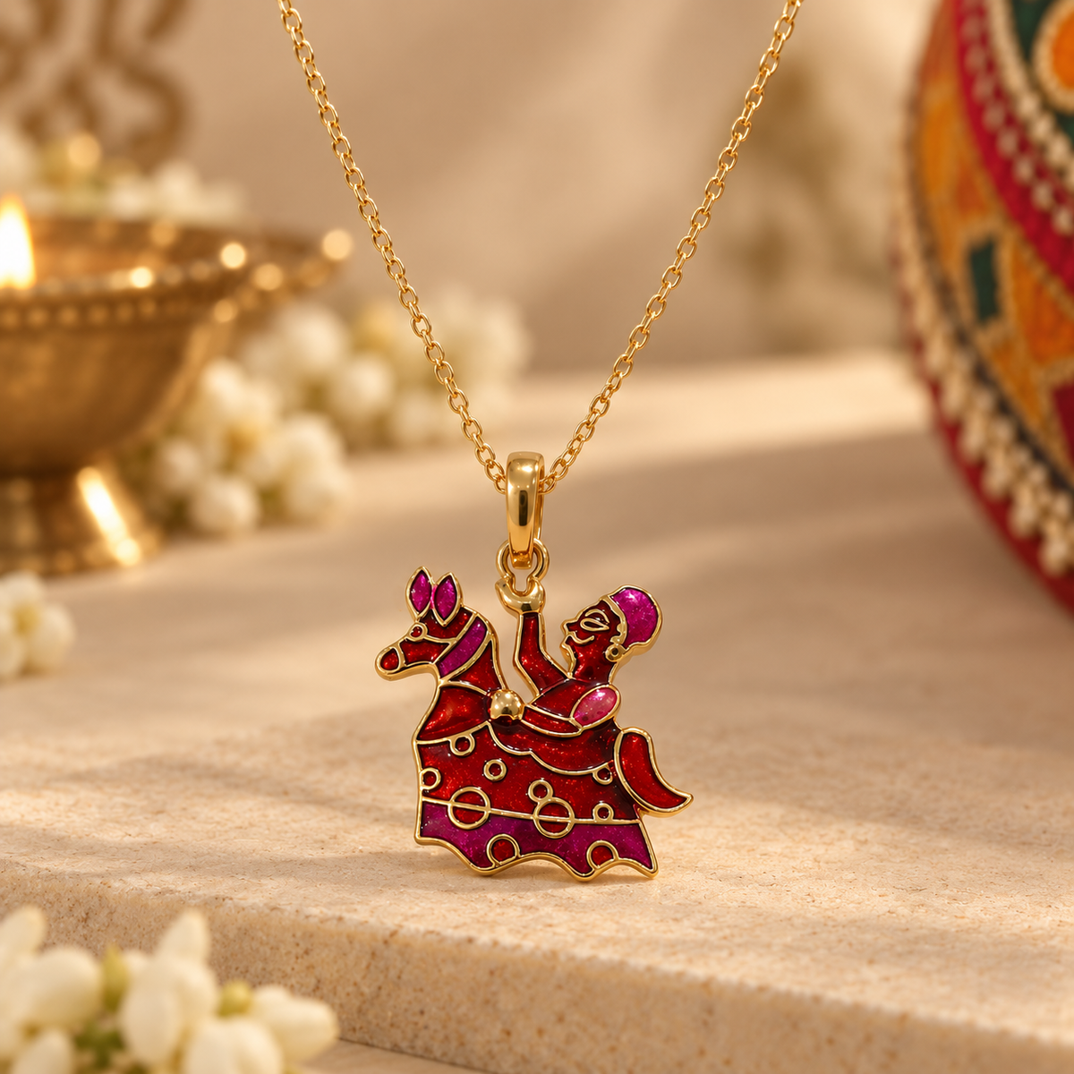 Traditional Meenakari Horse Rider Pendant Gold Plated Ethnic Enamel Folk Jewelry