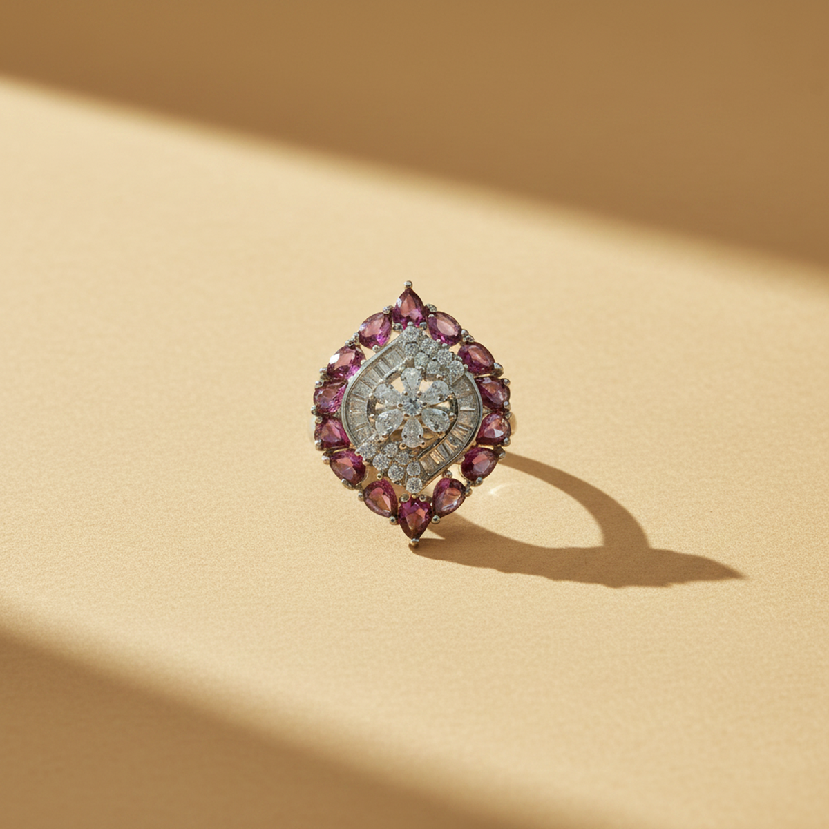 925 Sterling Silver Pink Gemstone Floral Statement Ring
