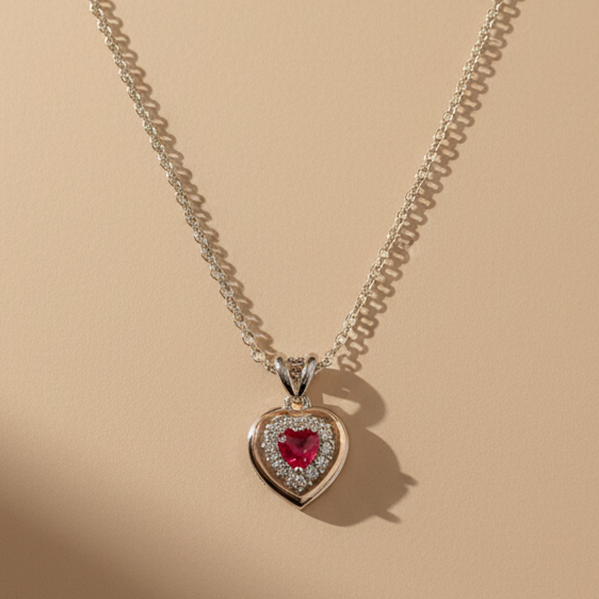 925 Sterling Silver Heart with Red Quartz & Moissanite Chain Pendant