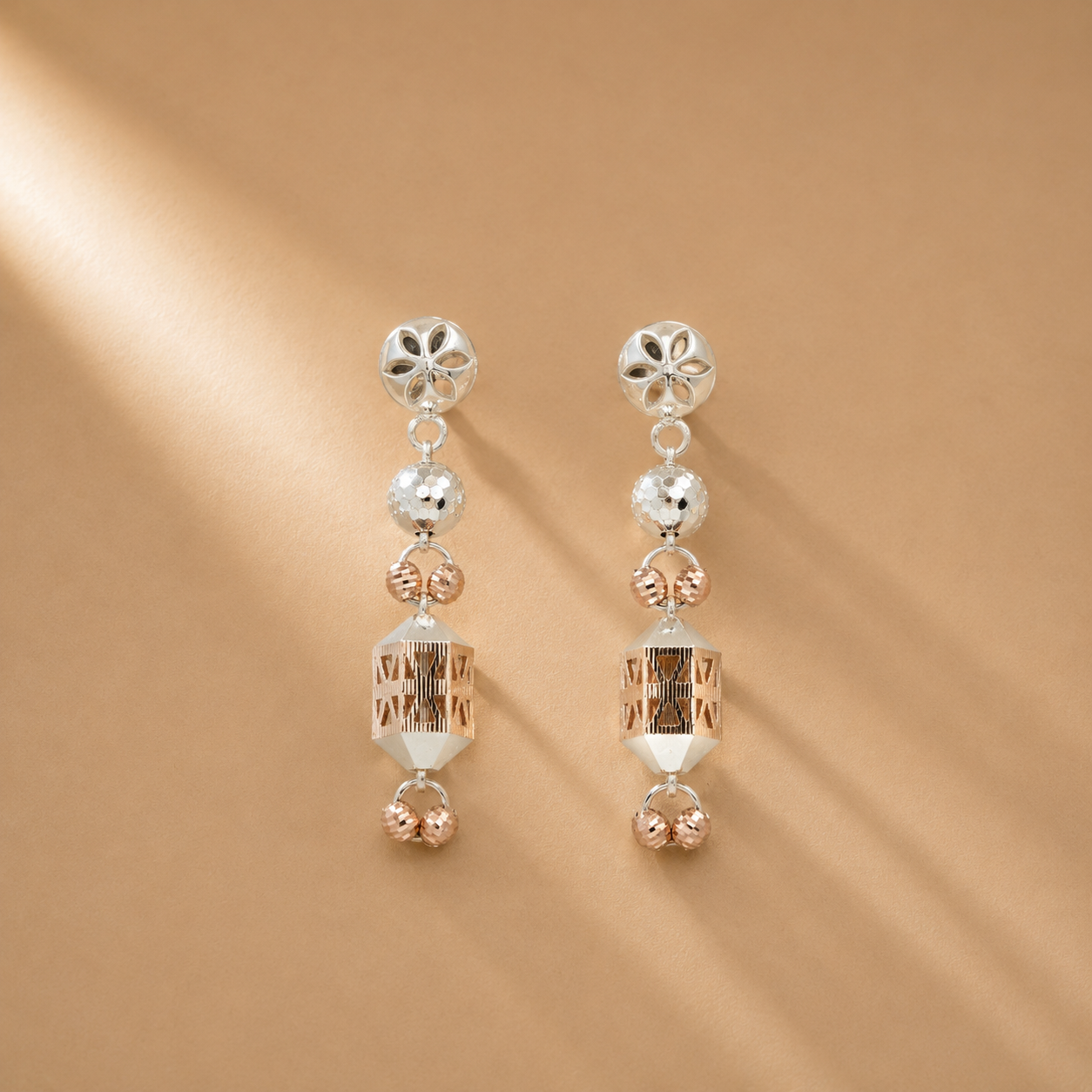 Rose Gold 925 Floral Stud & Ball Bead Dangle Statement Earrings