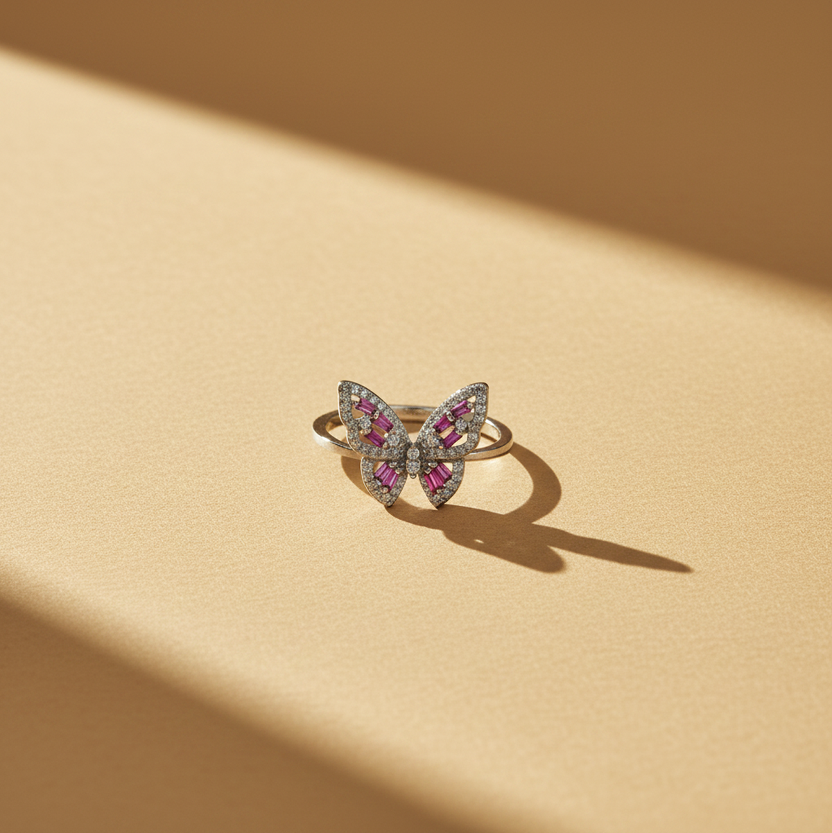 925 Sterling Silver Pink Butterfly Statement Ring