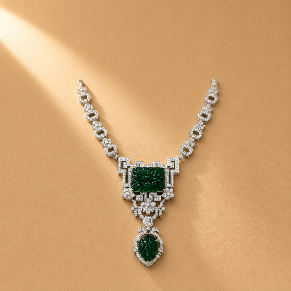 925 Sterling Silver Emerald Quartz & Moissanite Statement Necklace