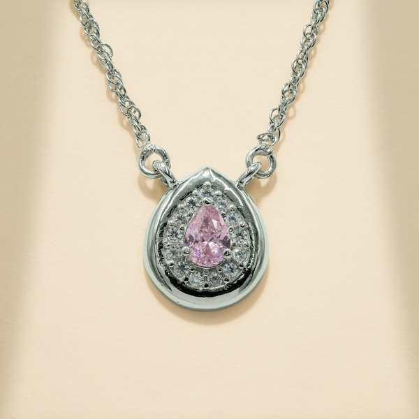 925 Sterling Silver Pear-Shaped Pink Quartz with Moissanite Chain Pendant
