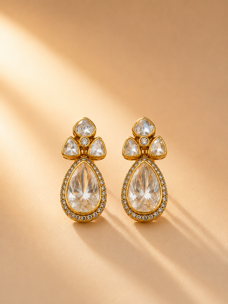 925 Sterling Silver Polki & Moissanite Designer Teardrop Earrings