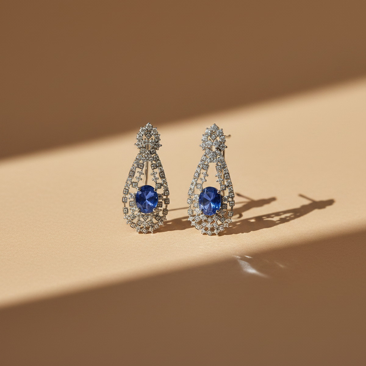 925 Sterling Silver Blue Sapphire & Moissanite Statement Drop Earrings