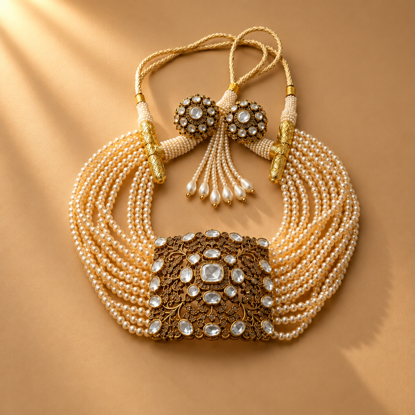 925 Sterling Silver Multi-Strand Pearl with Moissanite Traditional Bridal Statement Necklace
