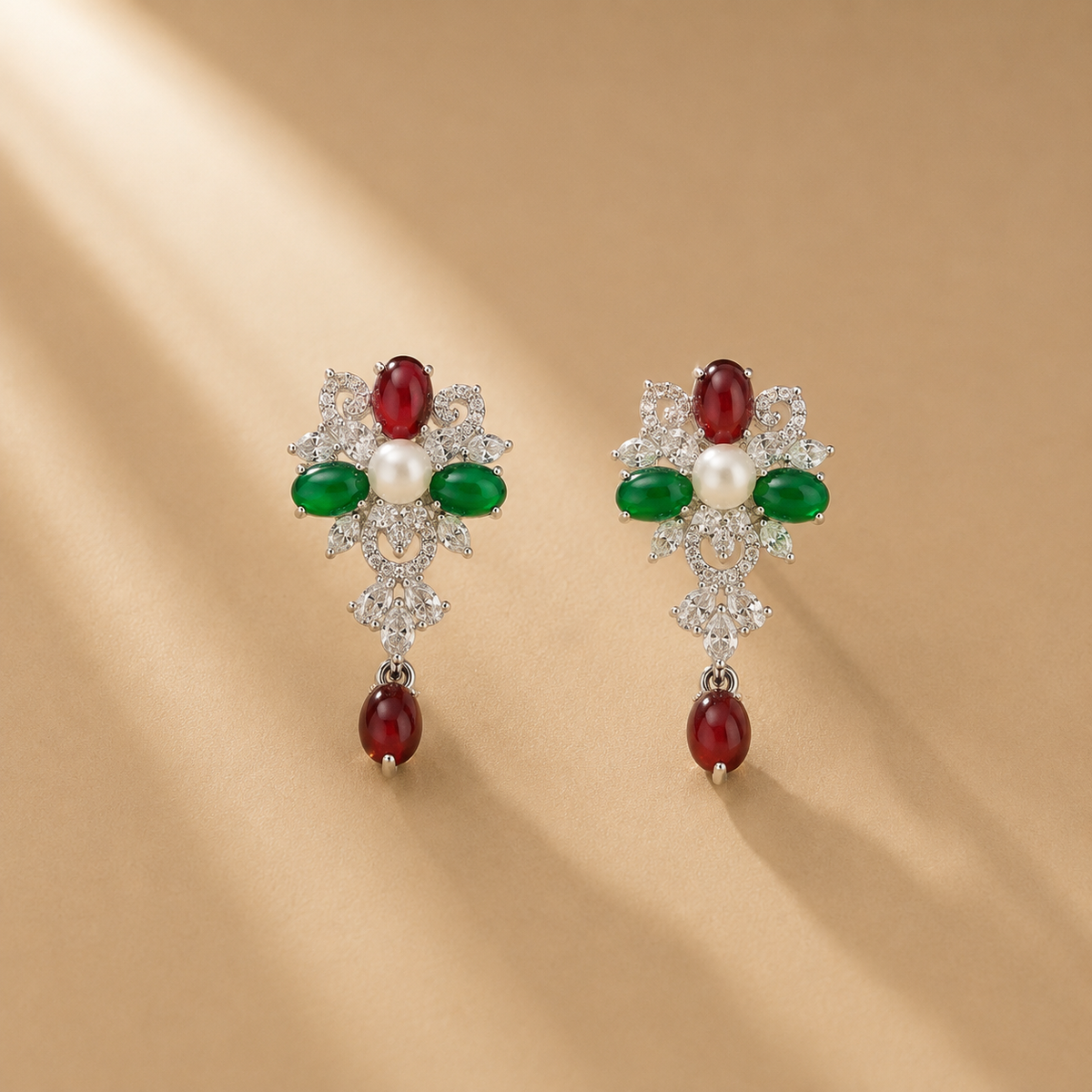 925 Sterling Silver Pearl, Green Quartz & Red Garnet Moissanite Earrings