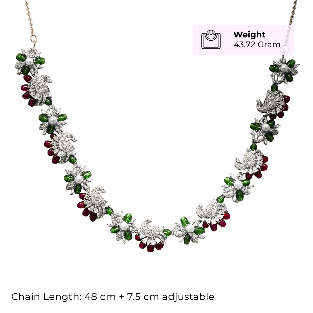 One-of-One 92.5 Silver Emerald Ruby Floral Necklace Set