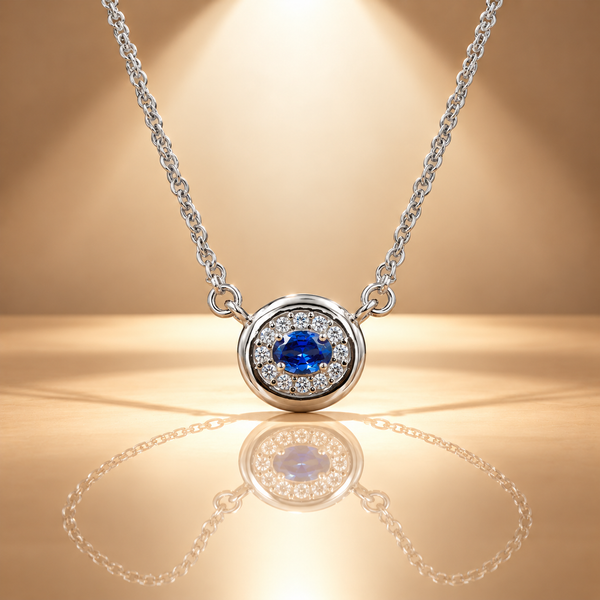 925 Silver Blue Quartz Moissanite Halo Pendant Chain
