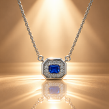 925 Silver Blue Quartz Moissanite Halo Pendant Chain