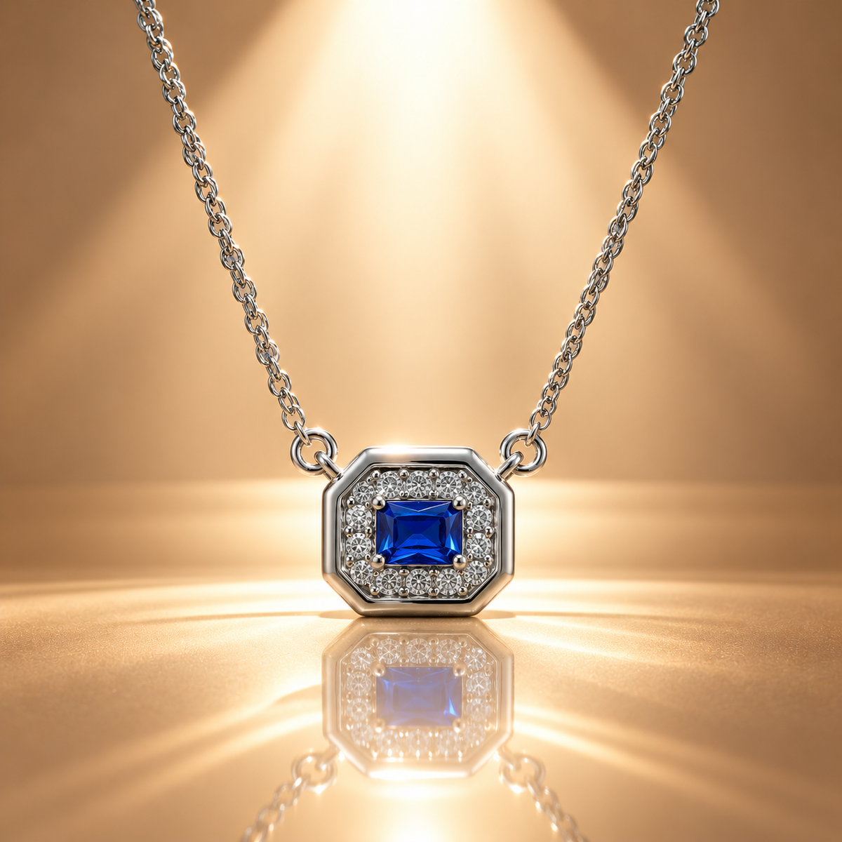 925 Silver Blue Quartz Moissanite Halo Pendant Chain