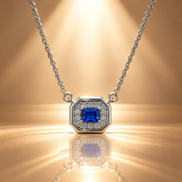 925 Silver Blue Quartz Moissanite Halo Pendant Chain