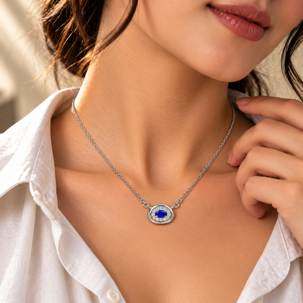 925 Sterling Silver Blue Quartz Moissanite Halo Pendant Chain
