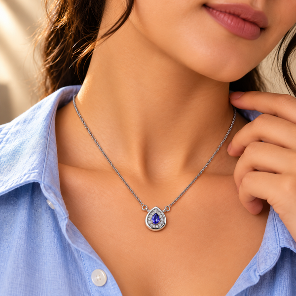 Blue Quartz Moissanite Teardrop Pendant with Chain