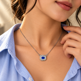 925 Silver Blue Quartz Moissanite Halo Pendant Chain
