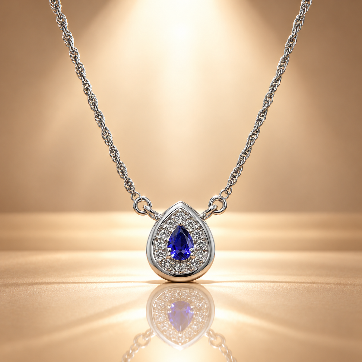 Blue Quartz Moissanite Teardrop Pendant with Chain