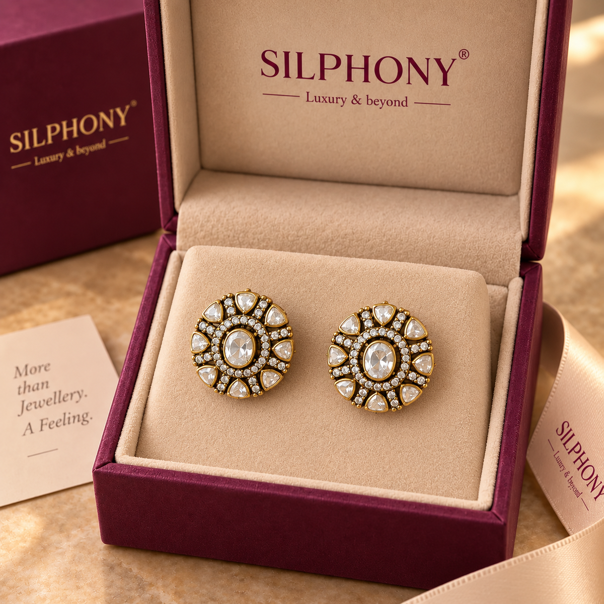 925 Silver Moissanite Polki Gold Plated Round Earrings