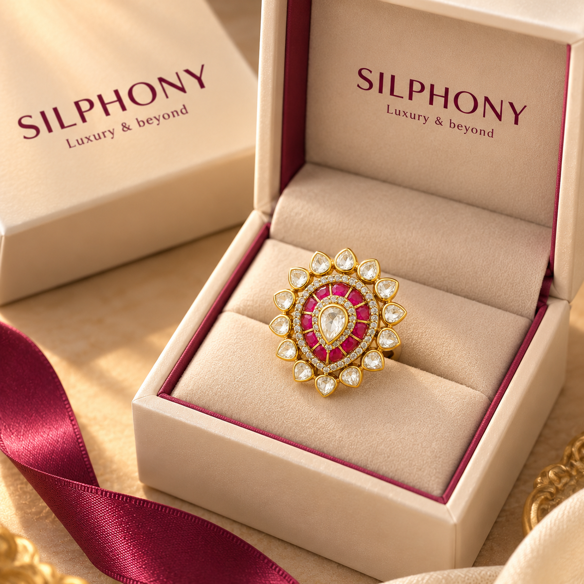 925 Silver Moissanite Polki Ruby Teardrop Ring