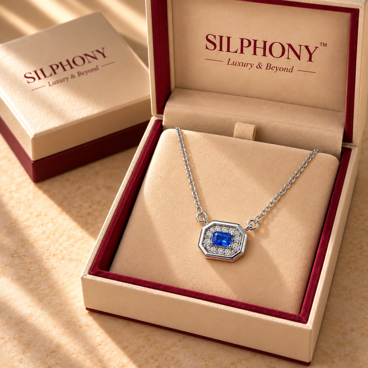 Blue Quartz Moissanite Octagon Halo Pendant with Chain