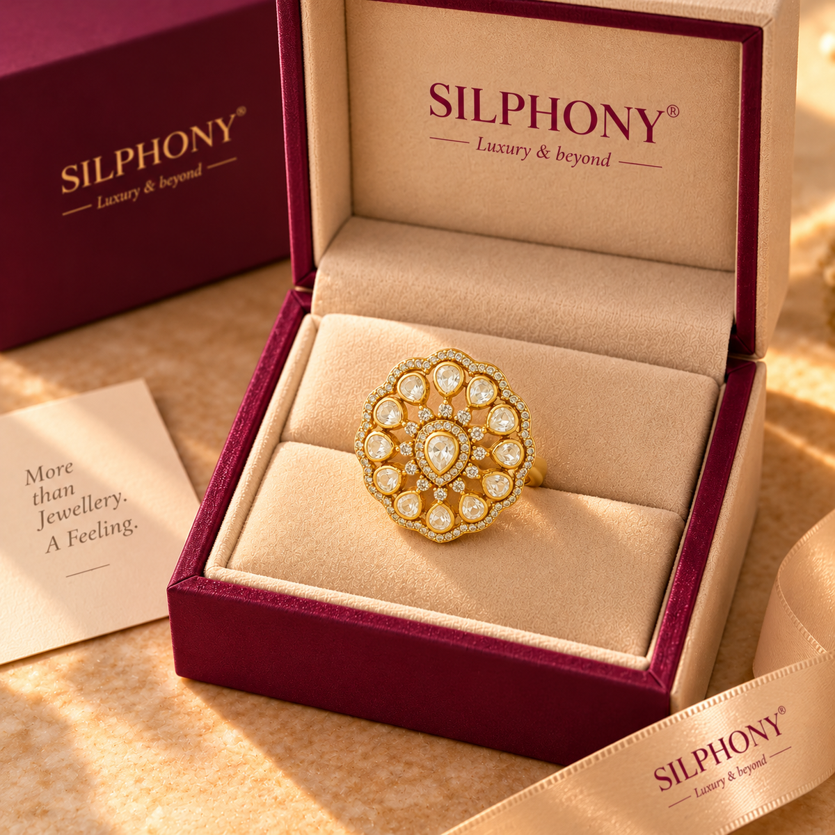 925 Silver Gold Plated Floral Polki Ring