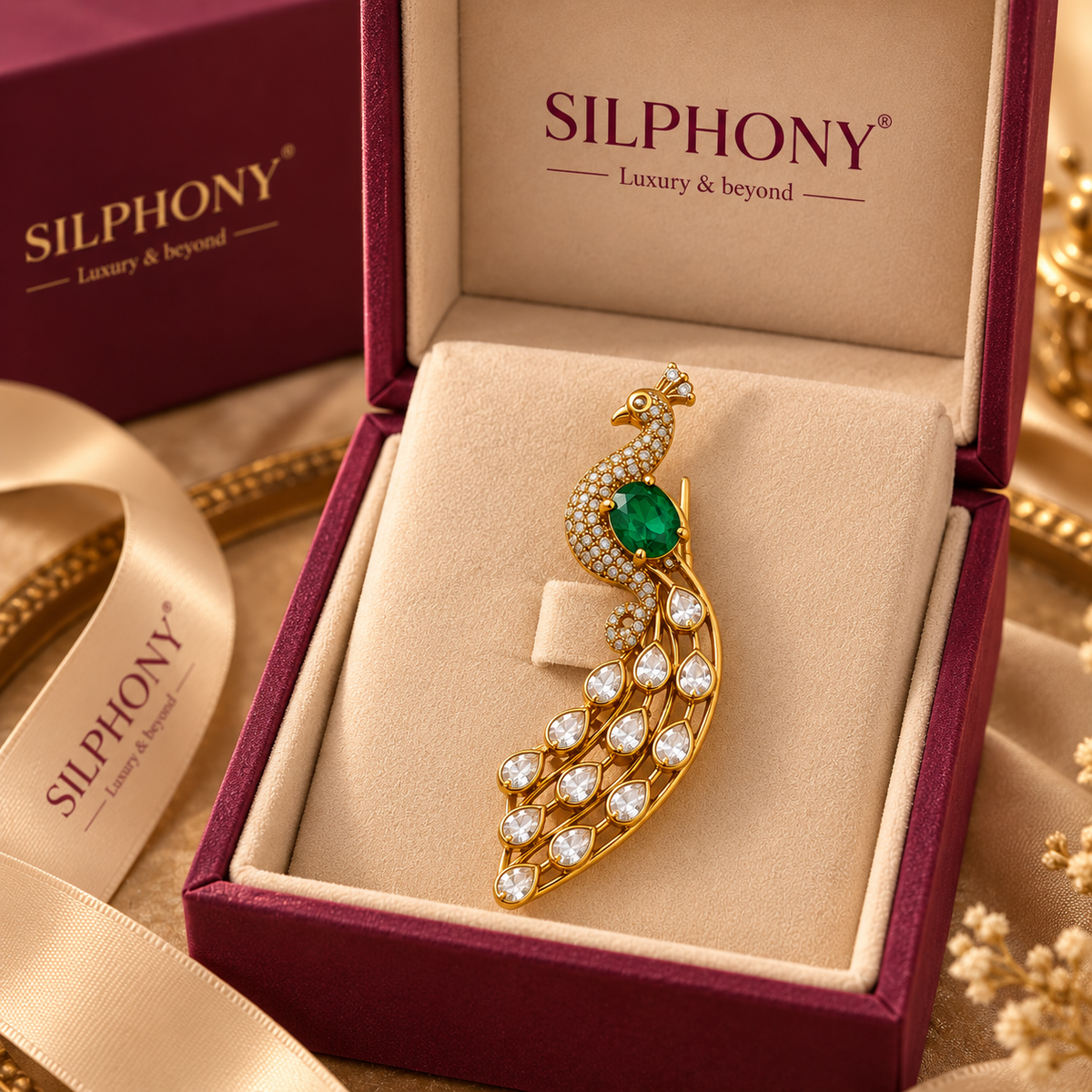 925 Silver Gold Plated Emerald Green Peacock Brooch