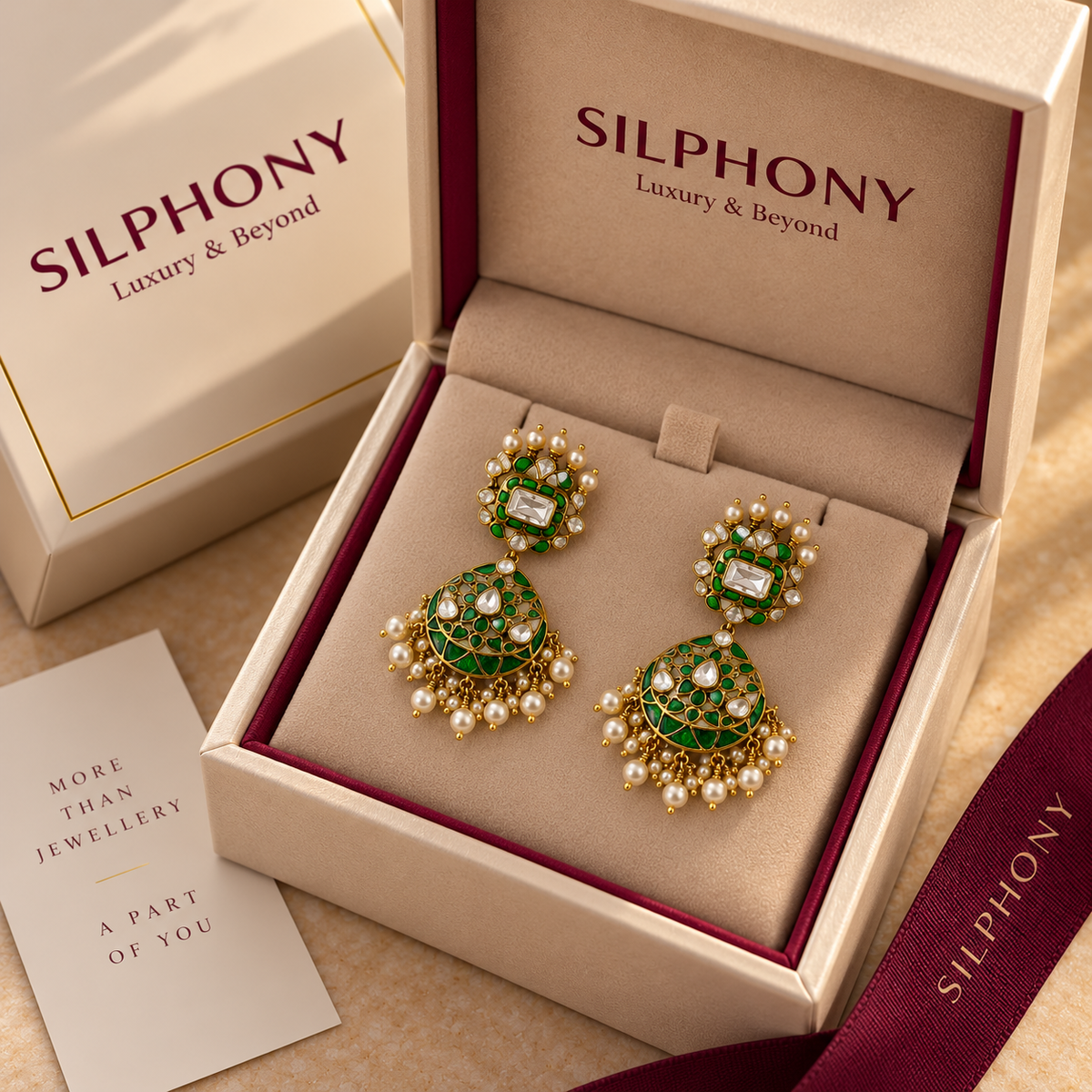 Green Moissanite Polki Pearl Jhumka Earrings