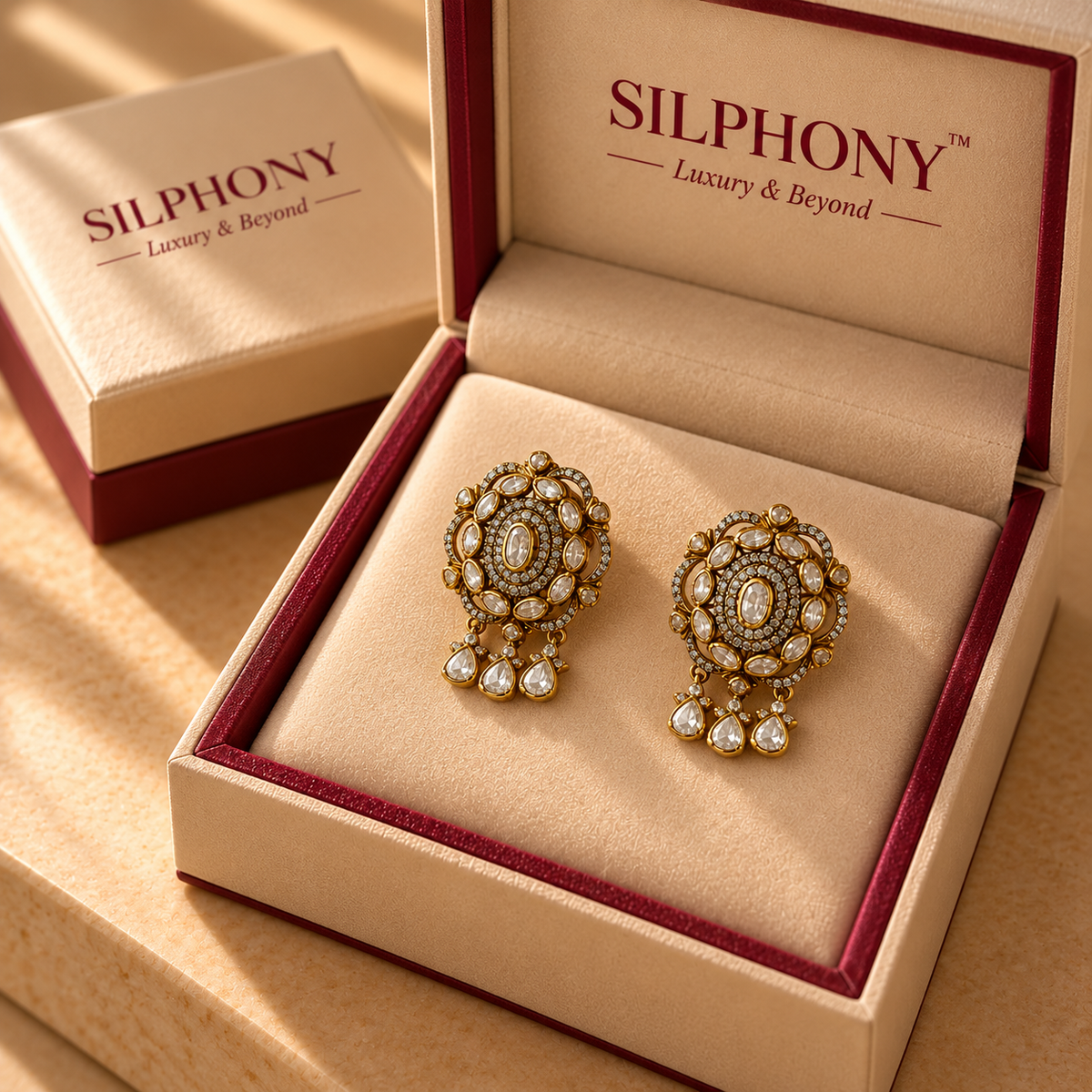 925 Silver Moissanite Polki Floral Dangler Earrings