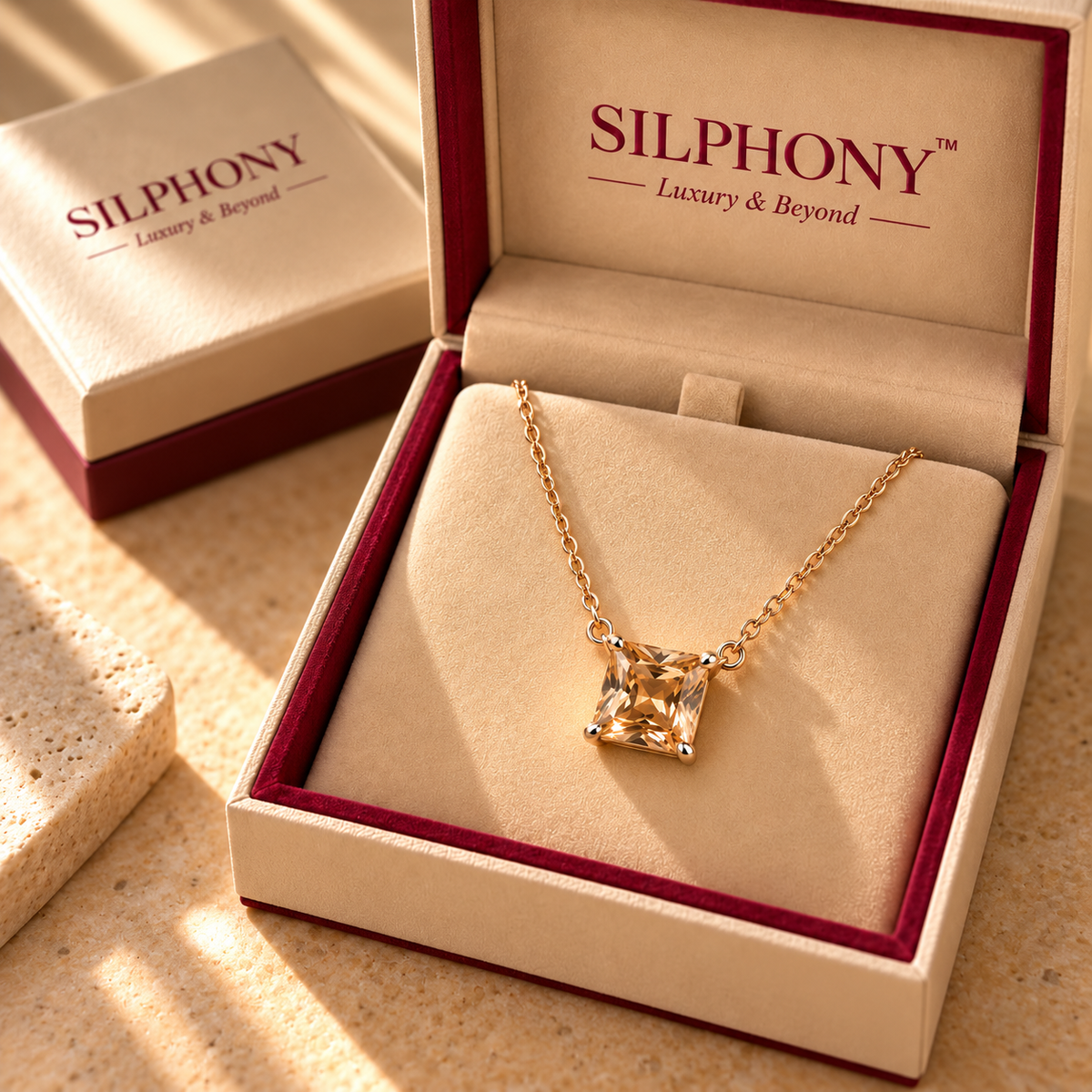 925 Silver Champagne Moissanite Square Chain Pendant