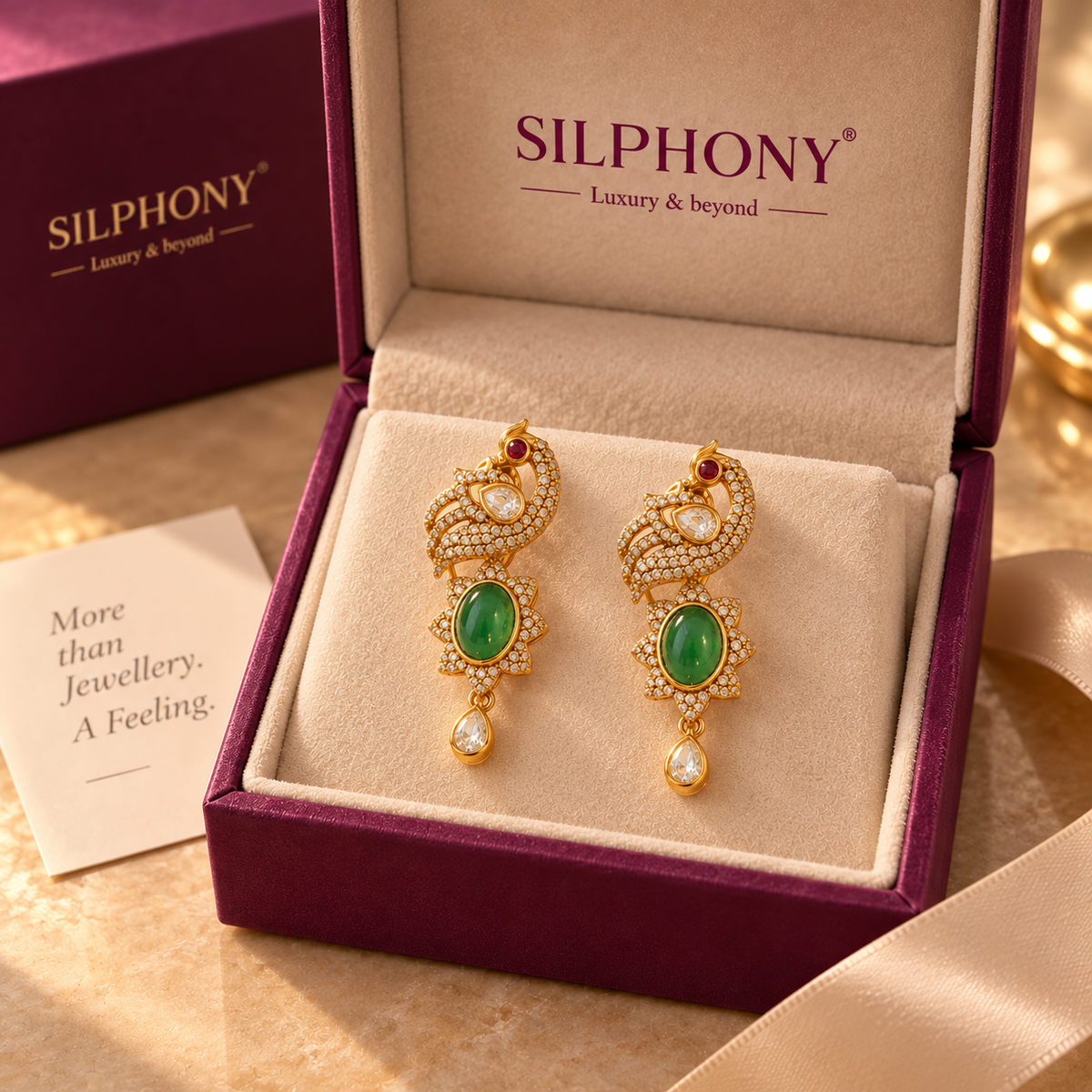 925 Silver Emerald Green Moissanite Polki Peacock Earrings