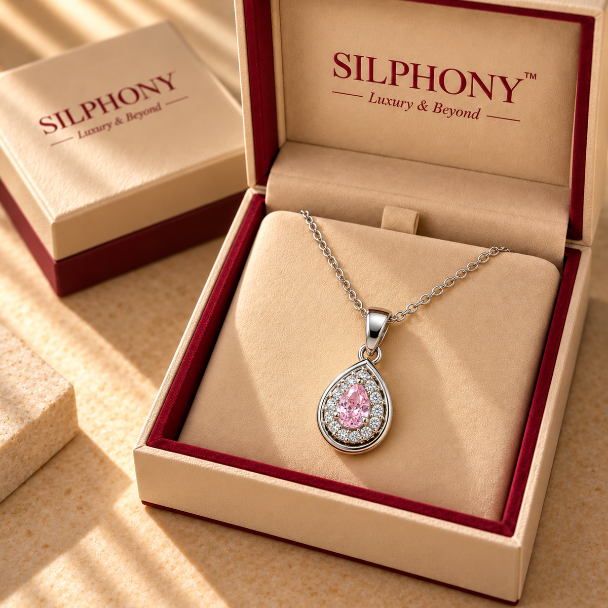 925 Silver Pink Teardrop Halo Pendant Chain