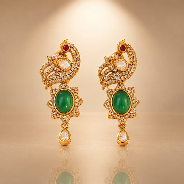 925 Silver Emerald Green Moissanite Polki Peacock Earrings