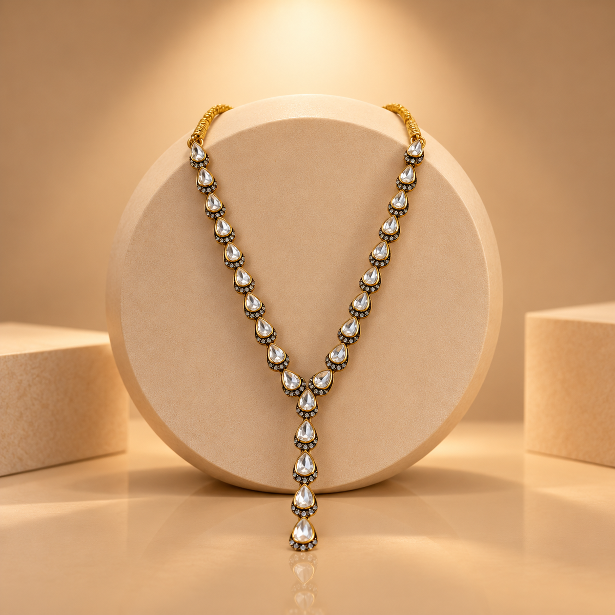 925 Silver Teardrop Moissanite Polki Necklace