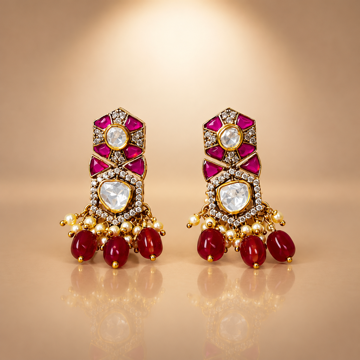 925 Silver Moissanite Ruby Red Pearl Drop Earrings