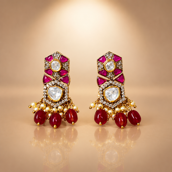 925 Silver Moissanite Ruby Red Pearl Drop Earrings