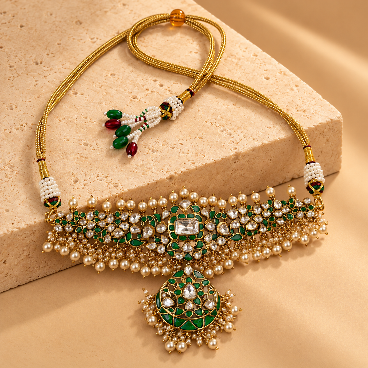 925 Silver Green Moissanite Polki Choker Necklace
