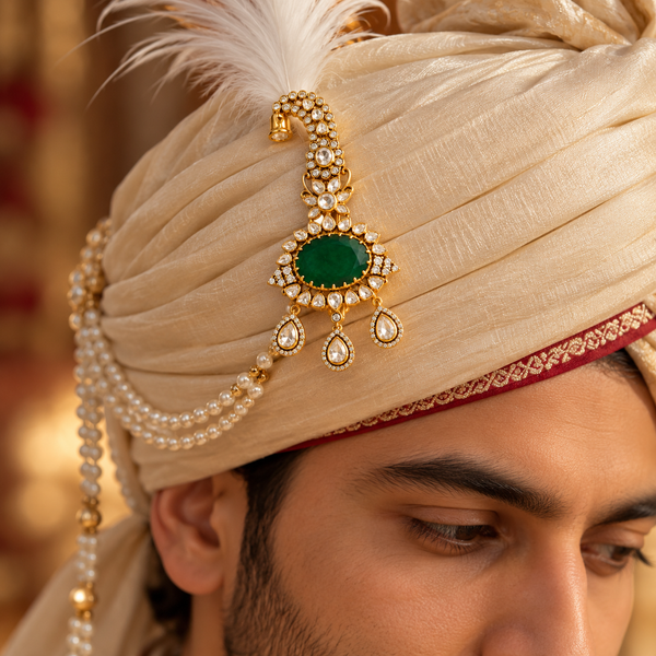 Traditional Royal Groom Kalgi Pin Emerald Stone Accessories for Groom Turban