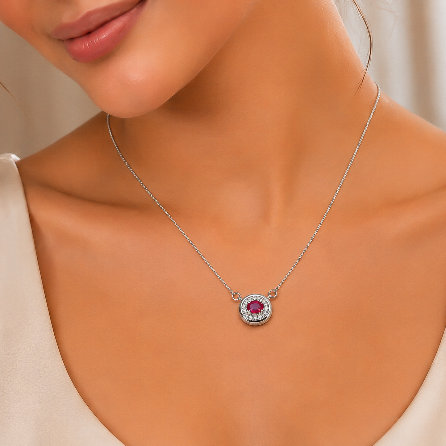 One-of-One 92.5 Silver Round Simulant Ruby Pendant