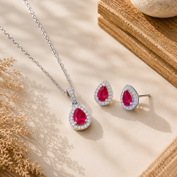 Ruby Dewdrop - 92.5 Silver Pendant Set