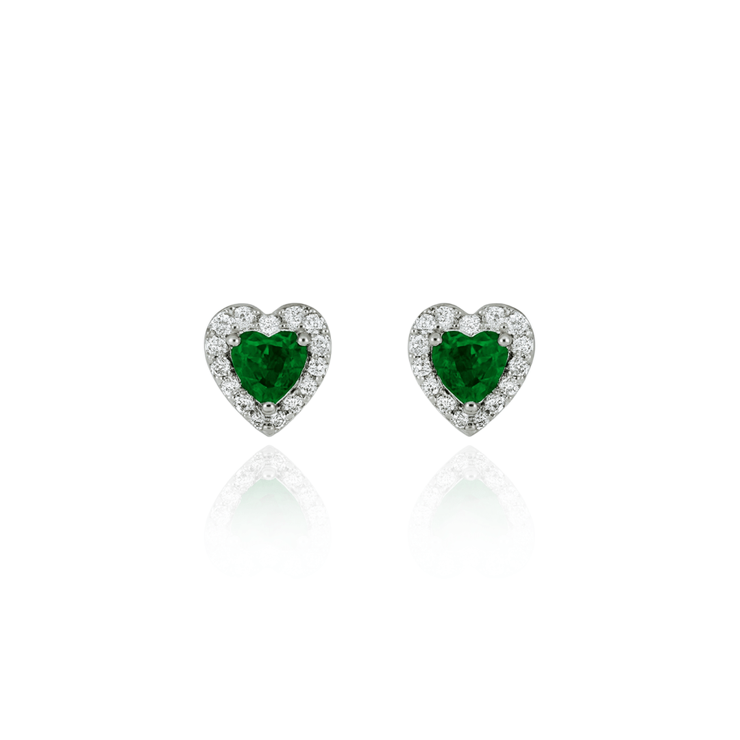 Emerald Heart Silver Earrings – Green Gemstone Halo Studs by SILphony Jewellery